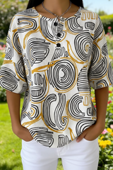 Womens Abstract Line Art Pattern Print Casual Waffle Cotton Shirt