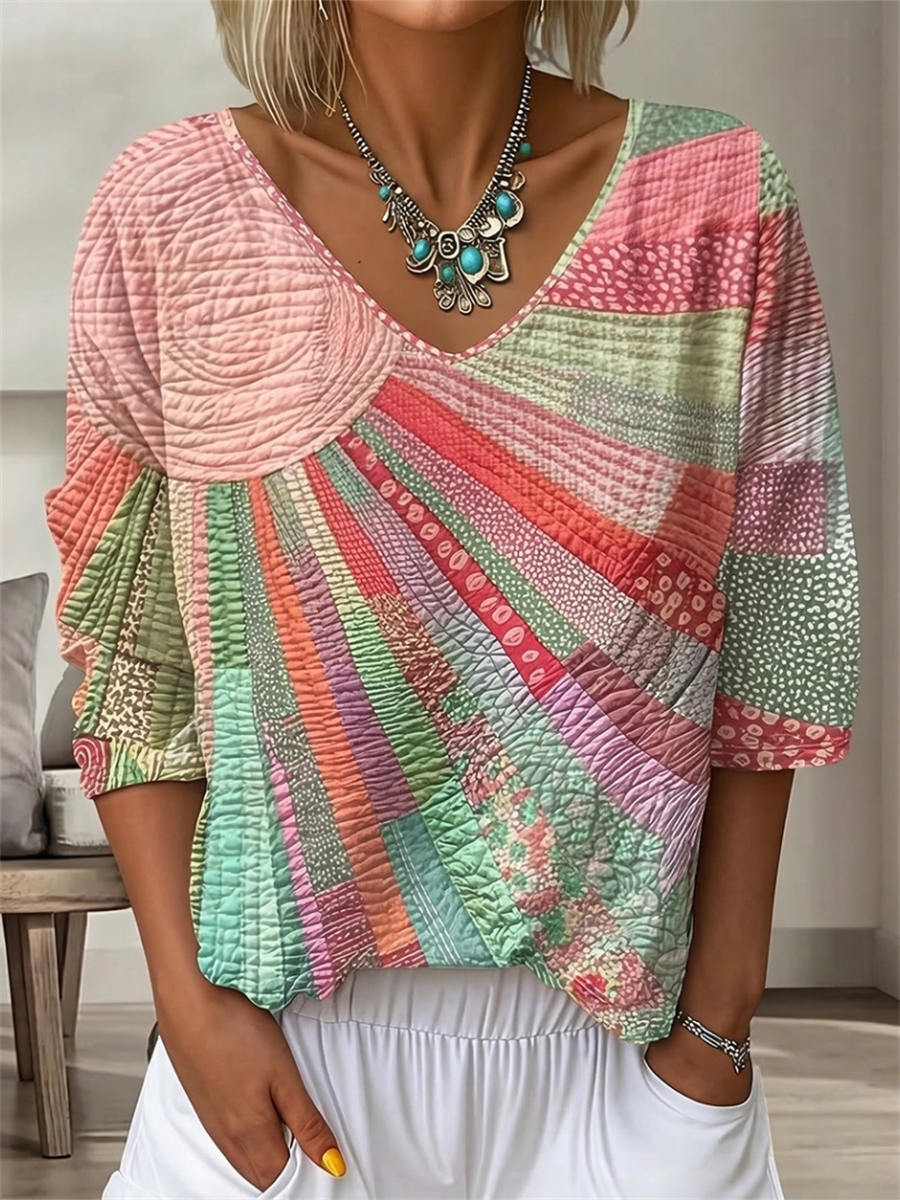 Retro Pink Green Patchwork Geometric Striped Print V-neck Long Sleeve Blouse
