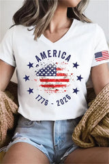 America 250th Anniversary White Flag Print V Neck Short Sleeve Tee