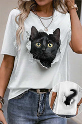White Cat Graphic Round Neck Short Sleeve Tee