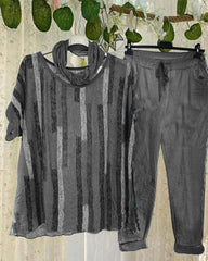 Stripe Print Casual Short Sleeves Two Piece Suit