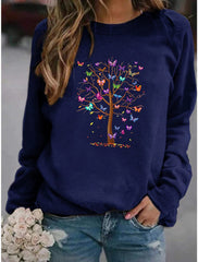 Butterfly and Tree Print Crew Neck Long Sleeves Sweatshirt
