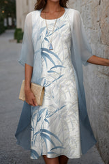 Elegant Bamboo Print Crew Neck Half Sleeve Comfy Two Piece Set Midi Dress