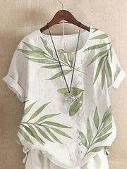Bamboo Print Round Neck Buttons Short Sleeves Blouse