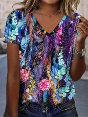 Colorful Floral V-neck Short Sleeves T-shirt