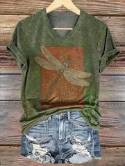 Vintage Dragonfly Print V-neck Short Sleeve T-Shirt