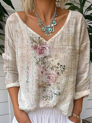 Floral Print V-neck Long Sleeve Blouse