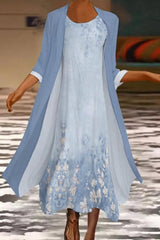 Floral Crew Neck 3/4 Sleeve Elegant Comfy Two Piece Maxi Dress