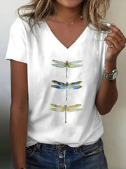 Dragonfly Print V-neck Short Sleeve Casual Comfy T-Shirt