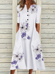 White Floral Printed V-neck Short Sleeve Midi Dress