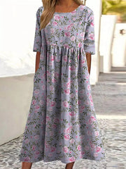 Floral Print Crew Neck Short Sleeve Pleated Comfy Midi Dress