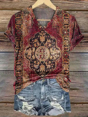 Ethnic Print V-neck Short Sleeve T-Shirt