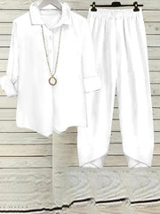 White Plain Round Neck Long Sleeve Two Piece Set