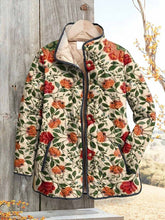 Floral Art Print Stand Collar Long Sleeve Pocket Warm Cardigan