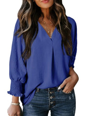 Solid Color V Neck Long Sleeve Loose Blouse