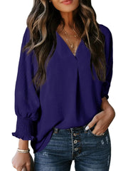 Solid Color V Neck Long Sleeve Loose Blouse