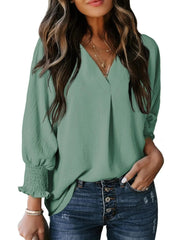 Solid Color V Neck Long Sleeve Loose Blouse