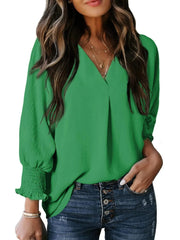 Solid Color V Neck Long Sleeve Loose Blouse