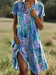 Floral Print V-neck Short Sleeve Casual Comfy Mini Dress