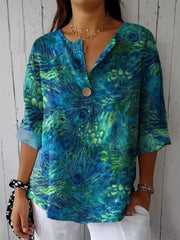 Vintage Floral Print V-neck Buttoned Long Sleeve Loose Blouse