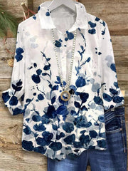 Vintage Collared Floral Print V-neck Long Sleeve Tops