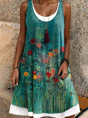 Floral Round Neck Sleeveless Casual Fake Two-piece Mini Dress