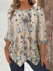 Floral Print Scoop Neck Long Sleeve Irregular Hem Casual Blouse
