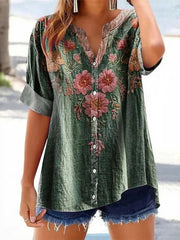 Vintage Floral Print V-neck Short Sleeve Tops