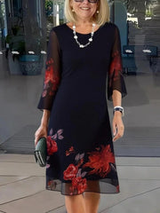 Gorgeous Floral Print Crew Neck 3/4 Sleeve Lightweight Elegant Mini Dress