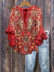 Vintage Ethnic Floral Print V-neck Ruffle 3/4 Sleeve Loose Blouse