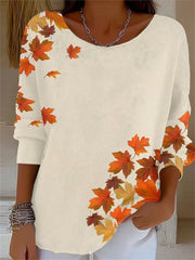 Retro Maple Leaf Print Round Neck Long Sleeve Casual Comfy Blouse