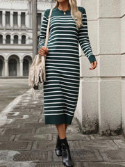 Elegant Striped Crew Neck Long Sleeve Knit Bodycon Midi Dress