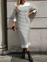 Elegant Striped Crew Neck Long Sleeve Knit Bodycon Midi Dress