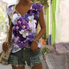 Vintage Floral Printed V-neck Sleeveless Loose T-shirt