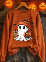 Halloween Print Round Neck Long Sleeve Casual Loose Sweatshirt