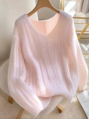 Pink Plain V-neck Long Sleeve Loose Comfy Sweater