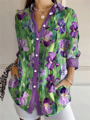 Purple Floral Art Print V-neck Long Sleeve Tops