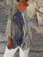 V Neck Marble Print Vintage Casual Long Sleeve Blouse