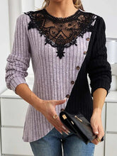 Color Block Ribbed Knit Lace Round Neck Long Sleeve Slim Fit Sweater with Button Details