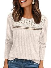 Elegant Plain Ribbed Knit Crew Neck Long Sleeve Sweater with Crochet Lace Yoke