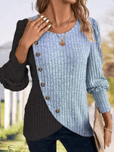 Chic Colorblock Ribbed Knit Asymmetrical Button Crew Neck Long Sleeve Slim Fit Sweater