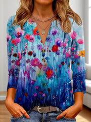 Vintage Blue Floral Print V-neck Long Sleeve Casual Comfy Blouse
