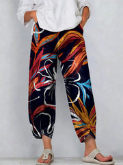 Vintage Art Floral Print Casual Denim Pants