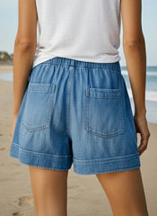 Solid Color Elastic Waist Pockets Denim Shorts