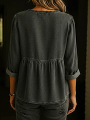 Plain V-neck Long Sleeve Buttons Denim Shirt