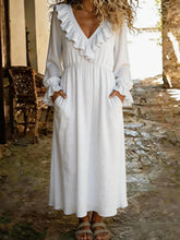 Solid Color V-neck Ruffled Long Sleeve Casual Loose Maxi Dress
