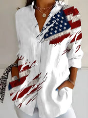 Women's America Flag Long Sleeve Collared Shirt, Casual Daily Top for Spring/Fall