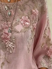 Boho Floral 3D Print Crew Neck 3/4 Sleeve Loose Women Blouse