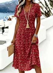 Summer Ditsy Floral V Neck Short Sleeve A-Line Midi Dress For Women