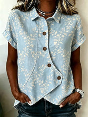 Vintage Floral Shawl Collar Short Sleeve Asymmetrical Micro-Elastic Women Shirt